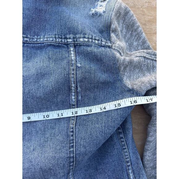 Free People Distressed Denim & Knit Sweater HOODIE Jacket S French Terry Gray - Picture 7 of 9